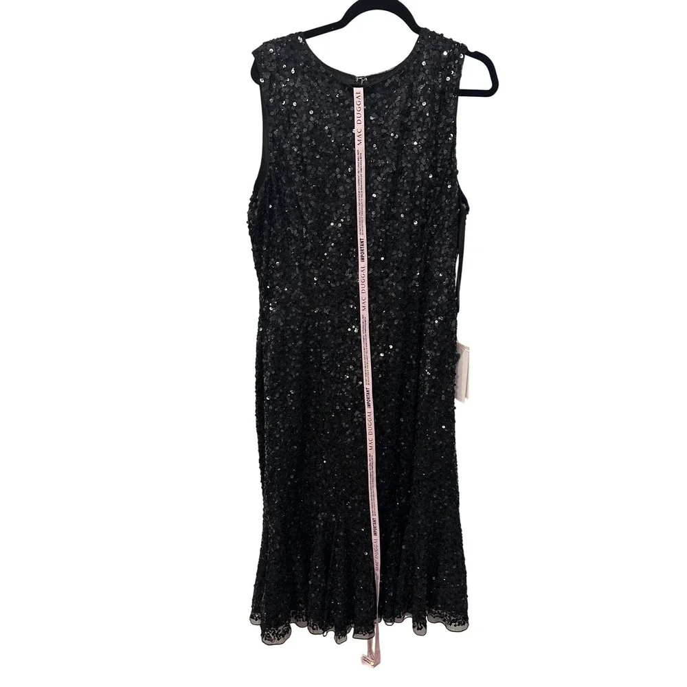 NEW Mac‎ Duggal 5597 Sz 16 Black Sequin Sleeveless Midi Flair Hem Dress